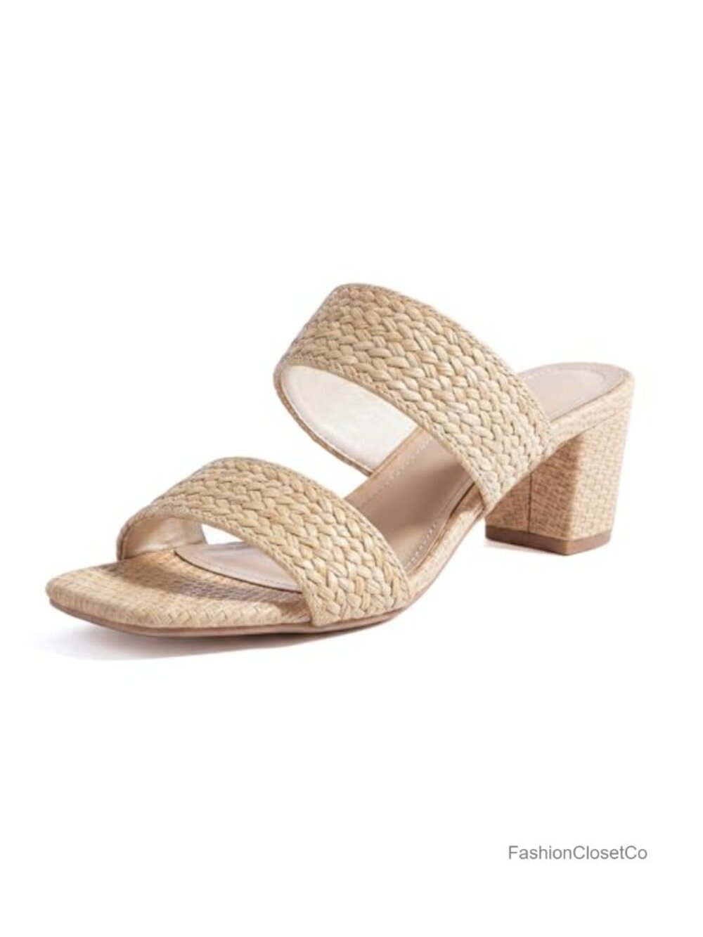 Woven Straw Slide Heeled Sandals Block Heel Square Toe